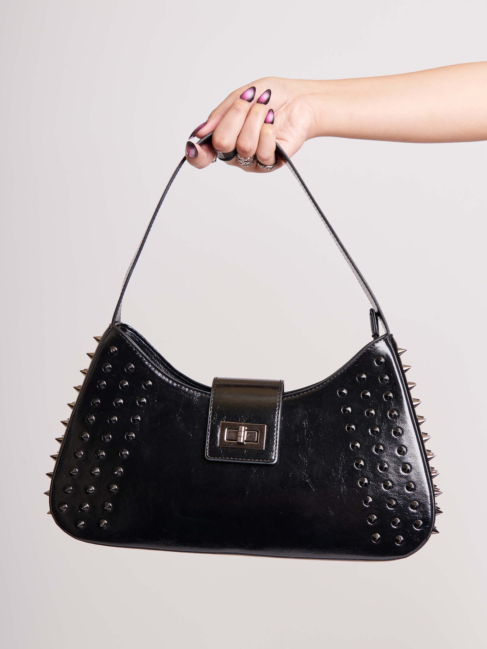 Purse Mc|women's Designer Rivet Shoulder Bag - Solid Black Pu Leather  Crossbody