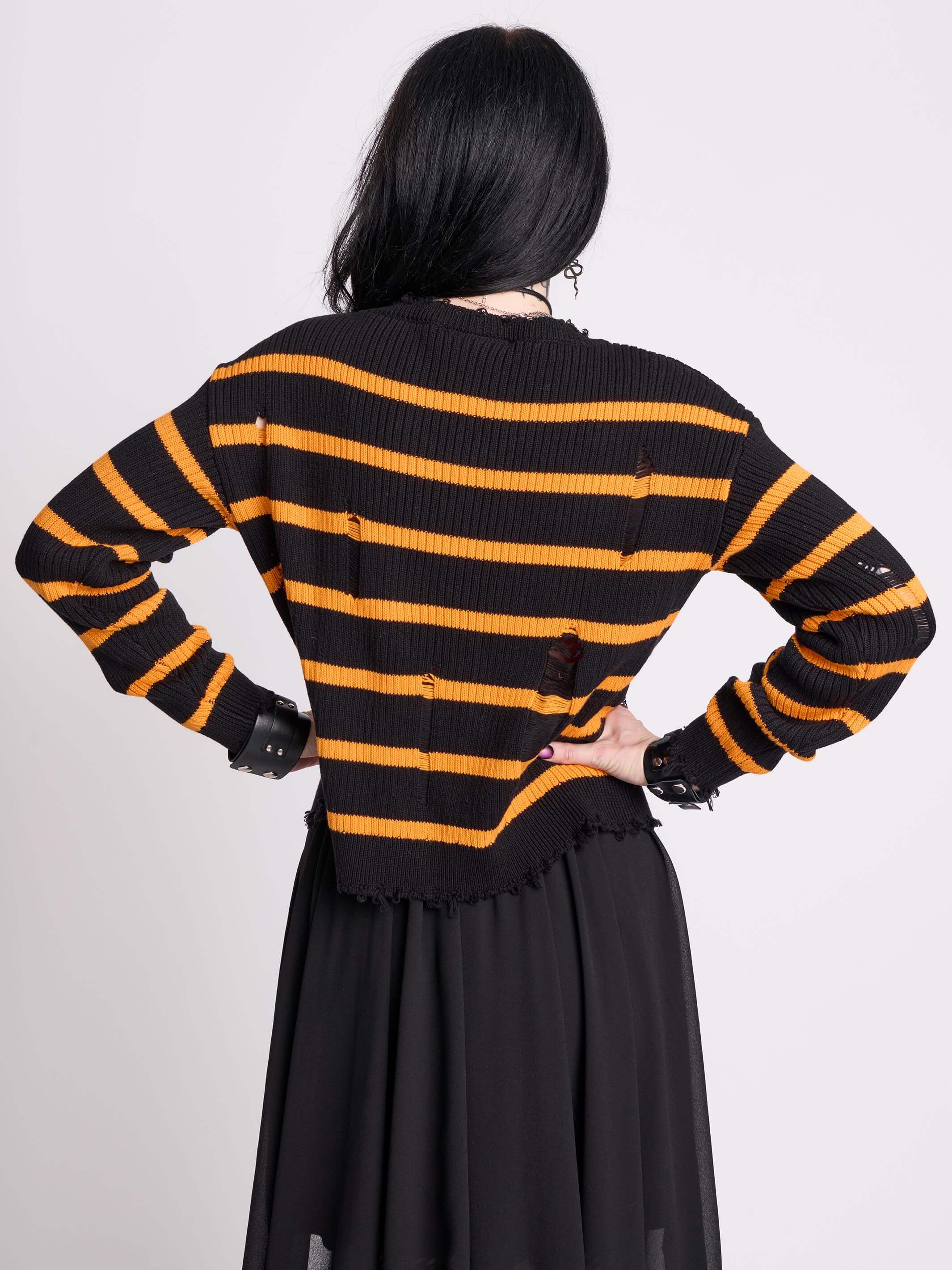 orange and black stripe distressed sweater